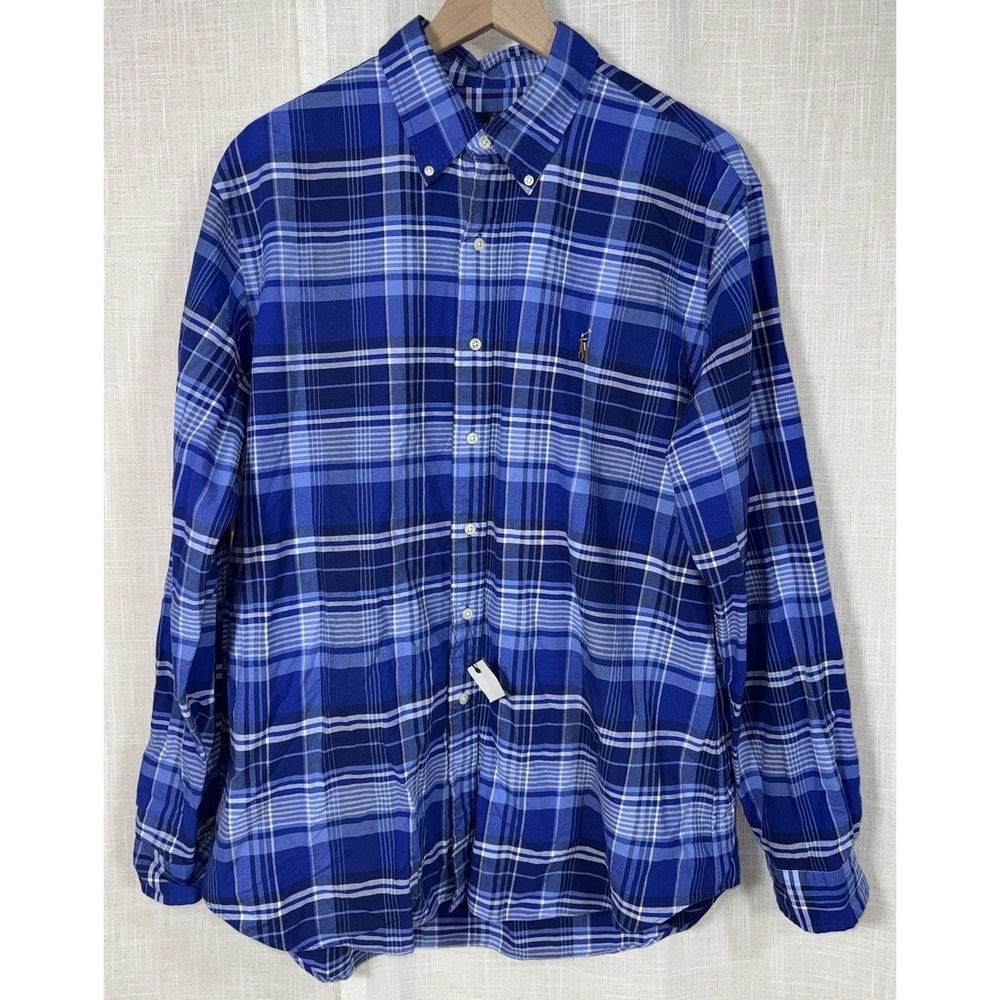 NWT Men's XL Ralph Lauren Long Sleeve Button Down Plaid Shirt Pony Blue